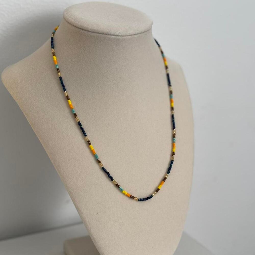 Yellow Blue Beaded Necklace Handmade Colorful Jewelry Unique Artisan Gift - Picture 1 of 4
